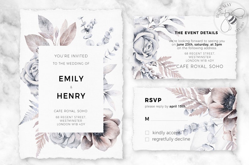 Puede incluir: Una invitaci&oacute;n de boda con un dise&ntilde;o floral de acuarela en tonos azules y rosas. La invitaci&oacute;n dice "Est&aacute;s invitado a la boda de Emily & Henry" e incluye la fecha, la hora y el lugar de la boda. La tarjeta RSVP incluye un espacio para que los invitados indiquen su asistencia.