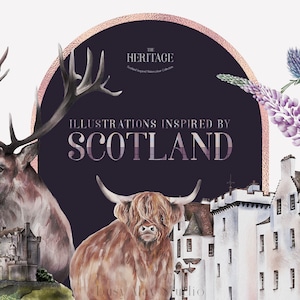 Schottland Inspirierte Aquarell Illustrationen | Schottische Clip Art | Traditionelles Schottland | Rothirsch Highland Kuh Aquarell | Schottische Distel