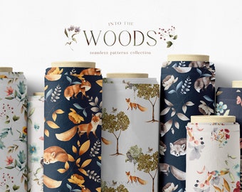 Woodland Scene Seamless Patterns Digital Papers Pack Digital Background Woodland Pattern Animals Trees Folk Art Folk Patterns PNG Repeats