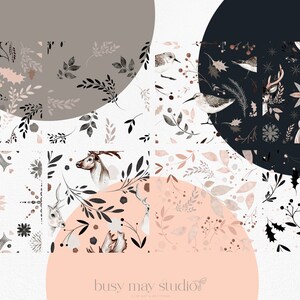 May include: A set of digital paper patterns featuring various woodland creatures, including a deer, a bear, and birds. The patterns are in black, white, and shades of pink and brown. The patterns are perfect for creating digital designs, scrapbooking, and other craft projects.