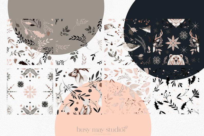 May include: A set of digital paper patterns featuring various woodland creatures, including a deer, a bear, and birds. The patterns are in black, white, and shades of pink and brown. The patterns are perfect for creating digital designs, scrapbooking, and other craft projects.