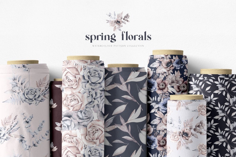 May include: A collection of eight fabric rolls featuring watercolor floral patterns. The patterns include roses, anemones, and leaves in shades of blue, pink, and white on a dark blue background. The text "spring florals" and "WATERCOLOUR PATTERN COLLECTION" is printed on a white background above the rolls.