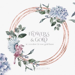 Aquarela Floral Rosa Moldura De Ouro Pássaro Flores Pintadas à Mão Hortênsia Pássaros Moldura Redonda Cartão De Dia Das Mães Primavera Flores Pássaros Casamento, PNG