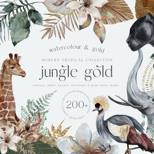 Moderne tropische enorme collectie aquarel jungle goud exotische dieren vogels afrika tropische bladeren bloemen leeuw luipaard naadloze patronen