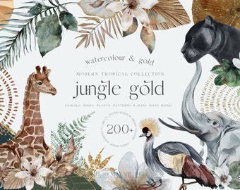 Moderno Tropical Enorme Colección Acuarela Selva Oro Animales Exóticos Aves África Hojas Tropicales Flores León Leopardo Patrones Sin Costuras