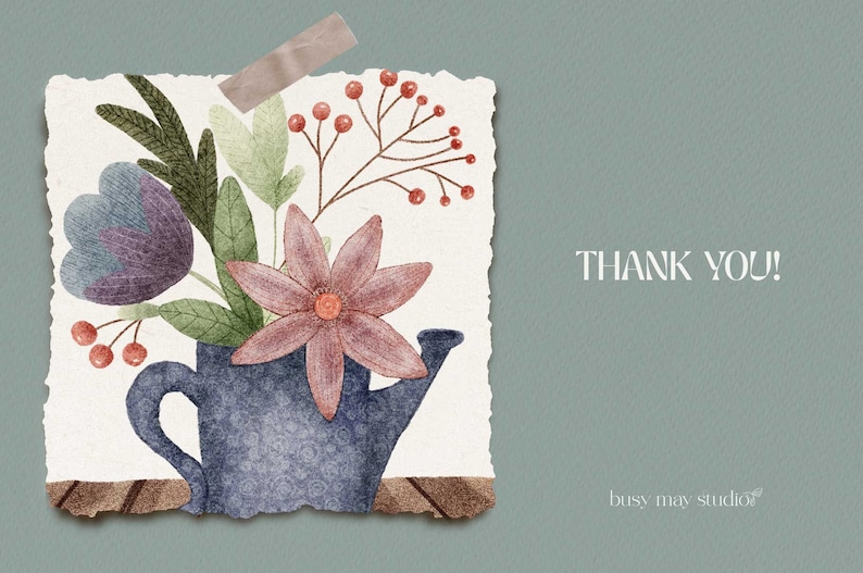 Pode incluir: Uma ilustra&ccedil;&atilde;o em aquarela de um regador azul cheio de flores. As flores s&atilde;o rosa, roxas e verdes. O regador est&aacute; sobre uma superf&iacute;cie de madeira. O fundo &eacute; de cor azul claro. O texto "THANK YOU!" est&aacute; escrito em branco no lado direito da imagem. O texto "busy may studio" est&aacute; escrito em branco na parte inferior da imagem.