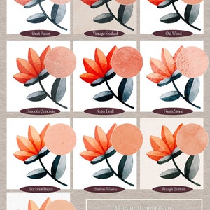 Pode incluir: Dez telas texturizadas de alta resolu&ccedil;&atilde;o para Procreate, cada uma com uma flor estilizada com uma sobreposi&ccedil;&atilde;o de textura diferente. As texturas incluem papel artesanal, embebido vintage, madeira velha, concreto liso, rascunho ruidoso, pedra de espuma, papel de coco, tecido de tela, algod&atilde;o &aacute;spero e algod&atilde;o granulado. Todas as telas s&atilde;o de 3000 x 4000 pixels a 300 dpi.