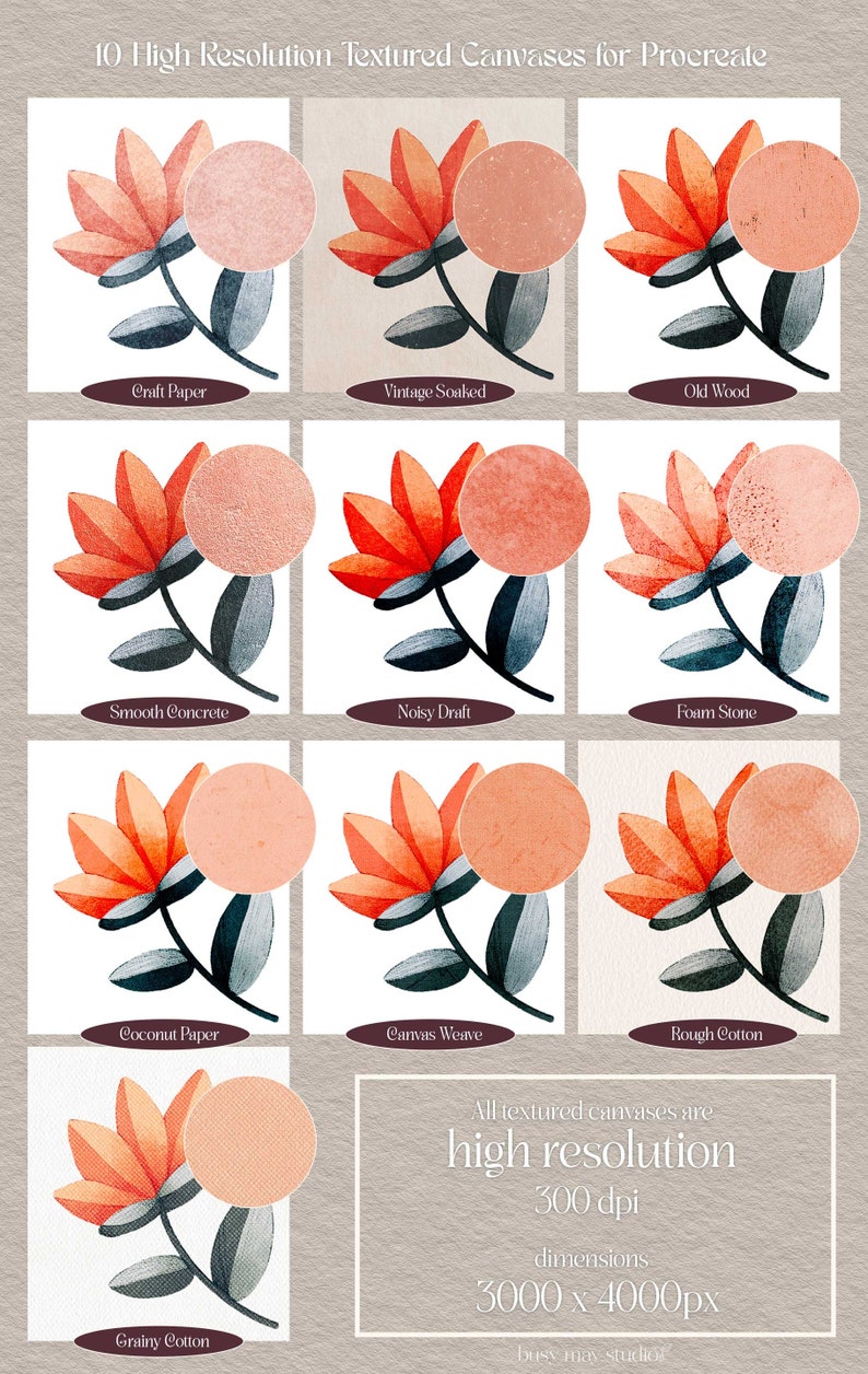 Pode incluir: Dez telas texturizadas de alta resolu&ccedil;&atilde;o para Procreate, cada uma com uma flor estilizada com uma sobreposi&ccedil;&atilde;o de textura diferente. As texturas incluem papel artesanal, embebido vintage, madeira velha, concreto liso, rascunho ruidoso, pedra de espuma, papel de coco, tecido de tela, algod&atilde;o &aacute;spero e algod&atilde;o granulado. Todas as telas s&atilde;o de 3000 x 4000 pixels a 300 dpi.
