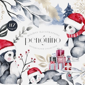 Feestelijke aquarel pinguïns baby | De | van de Kunst van de Aquarel van Kerstmis Nurery Kids Kamer Wall Arts | Gelukkige Pinguïns | Vakantie illustraties PNG Goud
