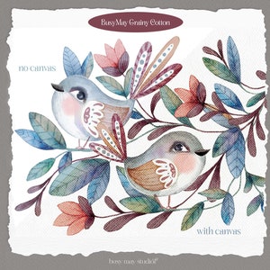 Pode incluir: Dois p&aacute;ssaros de aquarela com padr&otilde;es intrincados em suas asas est&atilde;o empoleirados em um galho com folhas verdes e azuis e flores rosa. O texto "BusyMay Grainy Cotton" est&aacute; no topo da imagem. O texto "no canvas" est&aacute; no lado esquerdo da imagem e o texto "with canvas" est&aacute; no lado direito da imagem. O texto "busy may studio" est&aacute; na parte inferior da imagem.