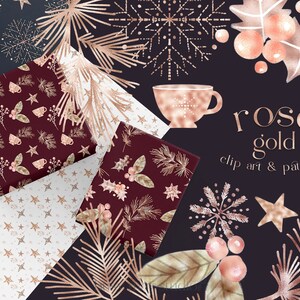 May include: A set of rose gold Christmas clip art and patterns featuring snowflakes, holly, pine branches, stars, and teacups. The patterns are on a dark blue, white, and burgundy background.