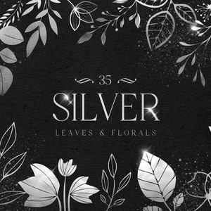 May include: A black background with silver glitter and 35 silver leaves and floral illustrations. The text "35 SILVER LEAVES & FLORALS" is in the centre of the image.