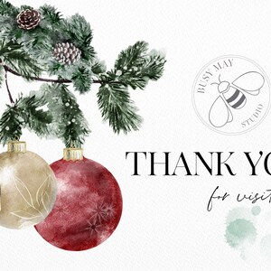 Puede incluir: Una ilustraci&oacute;n de acuarela de un cascanueces, dos adornos navide&ntilde;os y una rama de pino con pi&ntilde;as. El cascanueces lleva un uniforme rojo y dorado. Los adornos son rojos y dorados. El texto "THANK YOU for visiting!" est&aacute; escrito en negro sobre un fondo blanco. El texto "BUSY MAY STUDIO" est&aacute; escrito en negro en un c&iacute;rculo con una ilustraci&oacute;n de abeja.