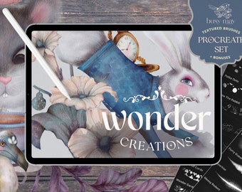 May include: A digital illustration of a white rabbit wearing a blue vest and holding a pocket watch. The rabbit is surrounded by flowers and leaves. The text "wonder creations" is displayed below the rabbit. The image is displayed on a tablet screen with a stylus next to it. The image is part of a set of textured brushes for Procreate.