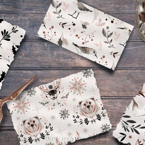 May include: Four different digital paper designs featuring various winter-themed patterns. The designs include black and white holly leaves, a deer and bear with snowflakes, a bird with pink and brown leaves, and a deer with black and white leaves.