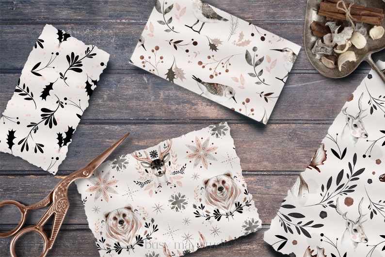 May include: Four different digital paper designs featuring various winter-themed patterns. The designs include black and white holly leaves, a deer and bear with snowflakes, a bird with pink and brown leaves, and a deer with black and white leaves.