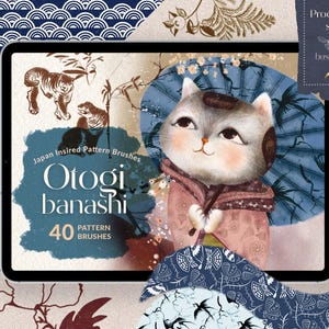May include: A digital illustration of a cat wearing a pink kimono and holding a blue and white patterned fan. The image is surrounded by various Japanese-inspired patterns, including geometric shapes, waves, and floral designs. The text "Otogi banashi" and "40 Pattern Brushes" is displayed on the image.