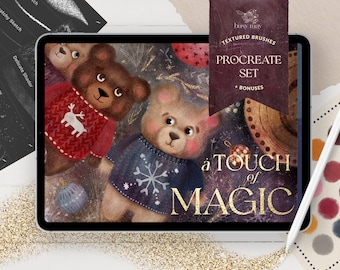 May include: A digital illustration of two teddy bears wearing festive sweaters, one red and one blue, against a dark background with stars and snowflakes. The text "a touch of MAGIC" is displayed below the bears. The image is a preview of a Procreate brush set for digital artists.