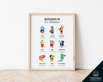 French English Animal Poster, Bilingual Nursery Art (Digital Download)