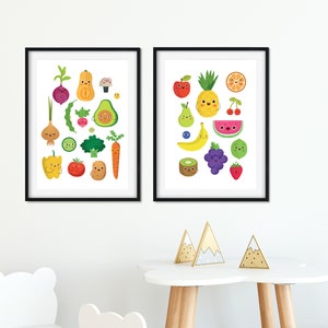 印刷可能な果物と野菜のポスター、果物と野菜のプリント、食品プリント、食品イラスト、プレイルーム、保育園、ベジタリアンウォールアート
