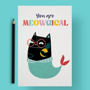 Mjau-katt-kort, sjöjungfrukatt, A5-kort för mors dag (digital nedladdning)
