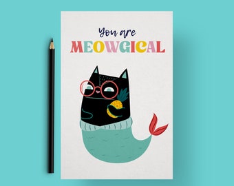 Printable Meowgical Cat Card, Caticorn A5 Card, You are Meowgical, Cat Lover, Mothers Day Cat Card, Cute Cat Card, Cat Mermaid Card