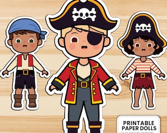 Poupées pirates en papier | 4 personnages + 17 tenues de pirate | Activité imprimable | Couleur et PDF à colorier