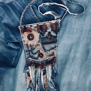 Denim  jeans pocket necklace , boho accessories.