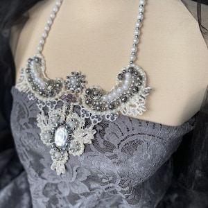 Victorian classical white and gray statement, embroidered chic necklace.