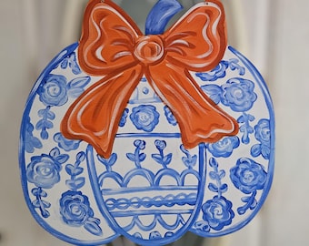 Pumpkin Door Hanger: Fall Coquette Bow, Chinoiserie Style