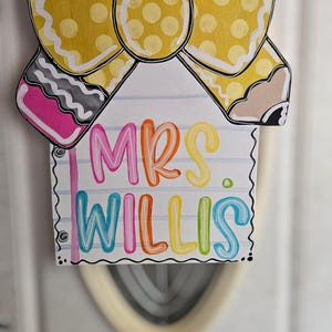 Personalized Teacher Door Hanger: Coquette Bow, Notebook Sign