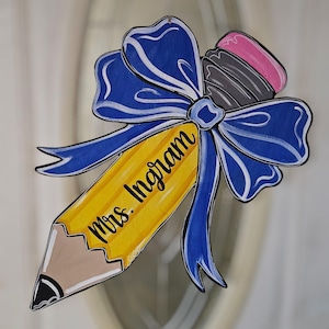 Personalized Teacher Pencil Door Hanger: Coquette Bow, Teacher Appreciation Gift