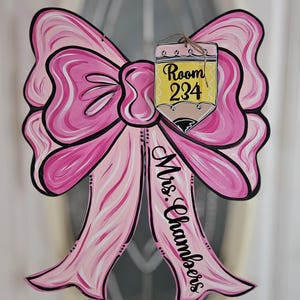 Personalized Teacher Door Hanger: Coquette Bow, Pencil Accent