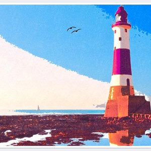 Beachy Head Light House Art Print Oryginalna sztuka A3 Sitodruk Sztuka nadmorska Wspomnienia nad morzem Sztuka wakacyjna