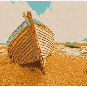 Wydruk artystyczny łodzi Dungeness Beached Boat Oryginalna sztuka A3 Sitodruk Sztuka nadmorska Wspomnienia nad morzem Sztuka wakacyjna