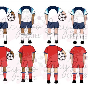 May include: Eight digital illustrations of soccer players, four wearing white jerseys with blue shorts and four wearing red jerseys with red shorts. Each player is holding a soccer ball and has a neutral expression.