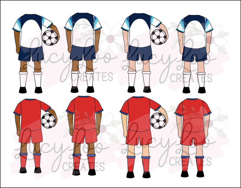 May include: Eight digital illustrations of soccer players, four wearing white jerseys with blue shorts and four wearing red jerseys with red shorts. Each player is holding a soccer ball and has a neutral expression.