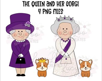 The Queen and Her Corgi Illustrations, Jubilee Clipart, HRM Queen Elizabeth II, Corgi wearing Crown