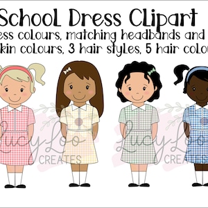 School Dress Clipart, Summer Uniform, Gingham Dresses, Girls Clipart, Back to school, Instant Download