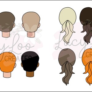 May include: Set of 10 cartoon head silhouettes, 5 with short hair and 5 with long hair in a ponytail. The hair colors are black, brown, blonde, orange, and white. The silhouettes are in a white background.