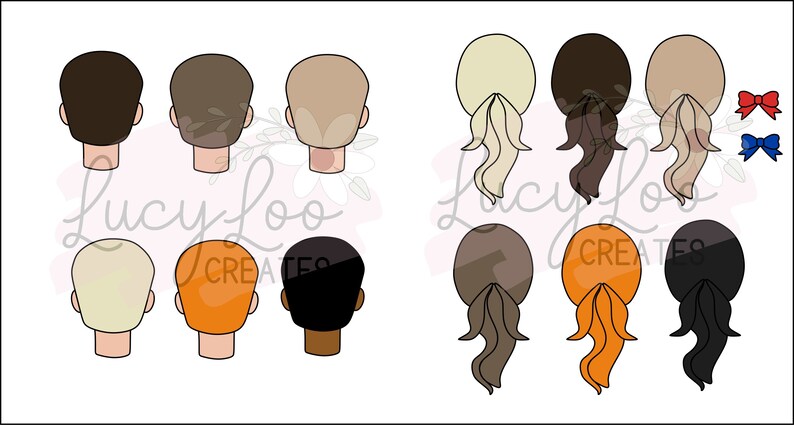 May include: Set of 10 cartoon head silhouettes, 5 with short hair and 5 with long hair in a ponytail. The hair colors are black, brown, blonde, orange, and white. The silhouettes are in a white background.
