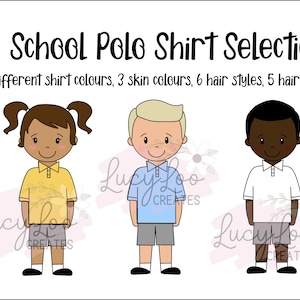 School uniform clipart, polo shirt selection. Water bottle, personalised, cartoon, sublimation