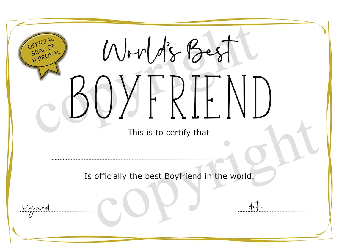 World's Best Boyfriend Certificate, Digital Download, Print at Home