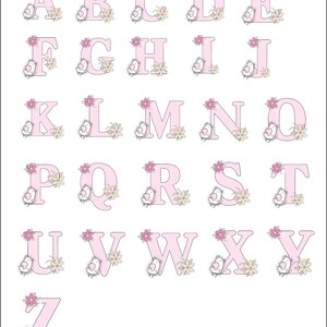 May include: Pink alphabet letters with a bird and floral design. Each letter is surrounded by a small bird and flowers.
