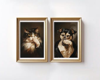 May include: Two framed art prints. One features a cat with black, white, and brown fur, covering its mouth with a paw. The other print depicts a dog with black and tan fur, also covering its mouth. Both are in gold frames.