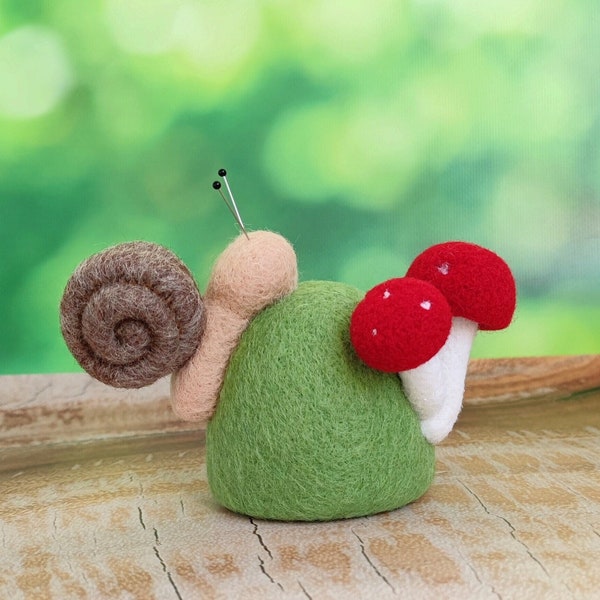 Felted snail pincushion,pin cushion mushrooms, needle felted ladybug Ornament, snail sculpture, mushroom figurine, gift for sewing