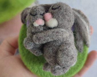 Needle felted bunny, couple of hares,sleeping Rabbits pincushion, Gray baby bunny, wool waldorf rabbit, hare Pin cushion, mother's love