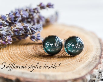 Boutons de manchette de mariage verts personnalisés avec initiales, cadeau d'anniversaire, boutons de manchette vert émeraude pour le marié, boutons de manchette de couleur personnalisée avec texte