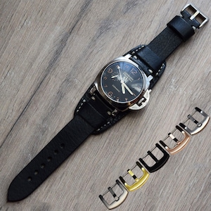 Leather watch strap Buffalo Bund Pad 18 20 22 24 26 mm Hand made cuff wristwatch band