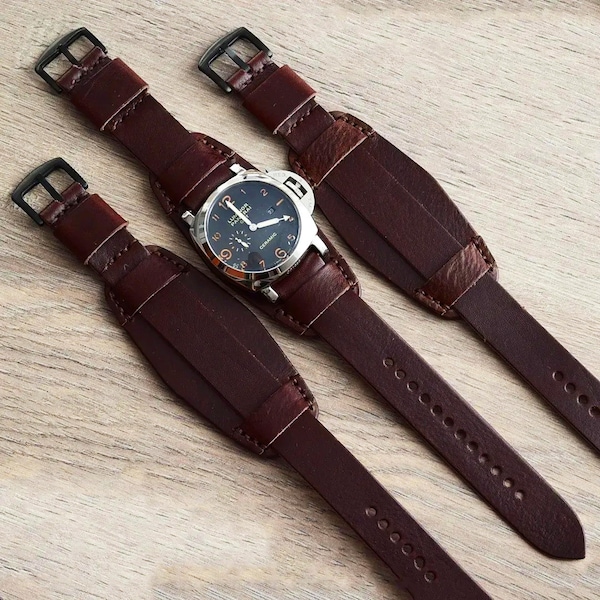 Leather watch strap Buffalo Bund Pad 18 20 22 24 26 mm Hand made cuff wristwatch brown band